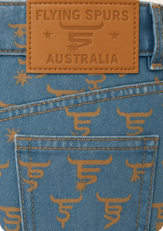 Flying spurs country clothing full custom branded, above the knee A cut denim skirts