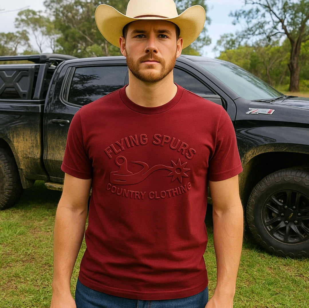 Flying spurs clothing Australia burgundy embossed cotton tshirts