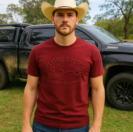 Flying spurs clothing Australia burgundy embossed cotton tshirts