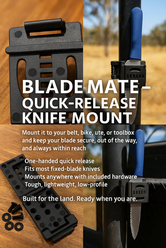 Quick release knife holder, perfect for mounting where you need a blade handy and safely tucked away, shed,ute,bike even screw one to your belt or molle panel.
